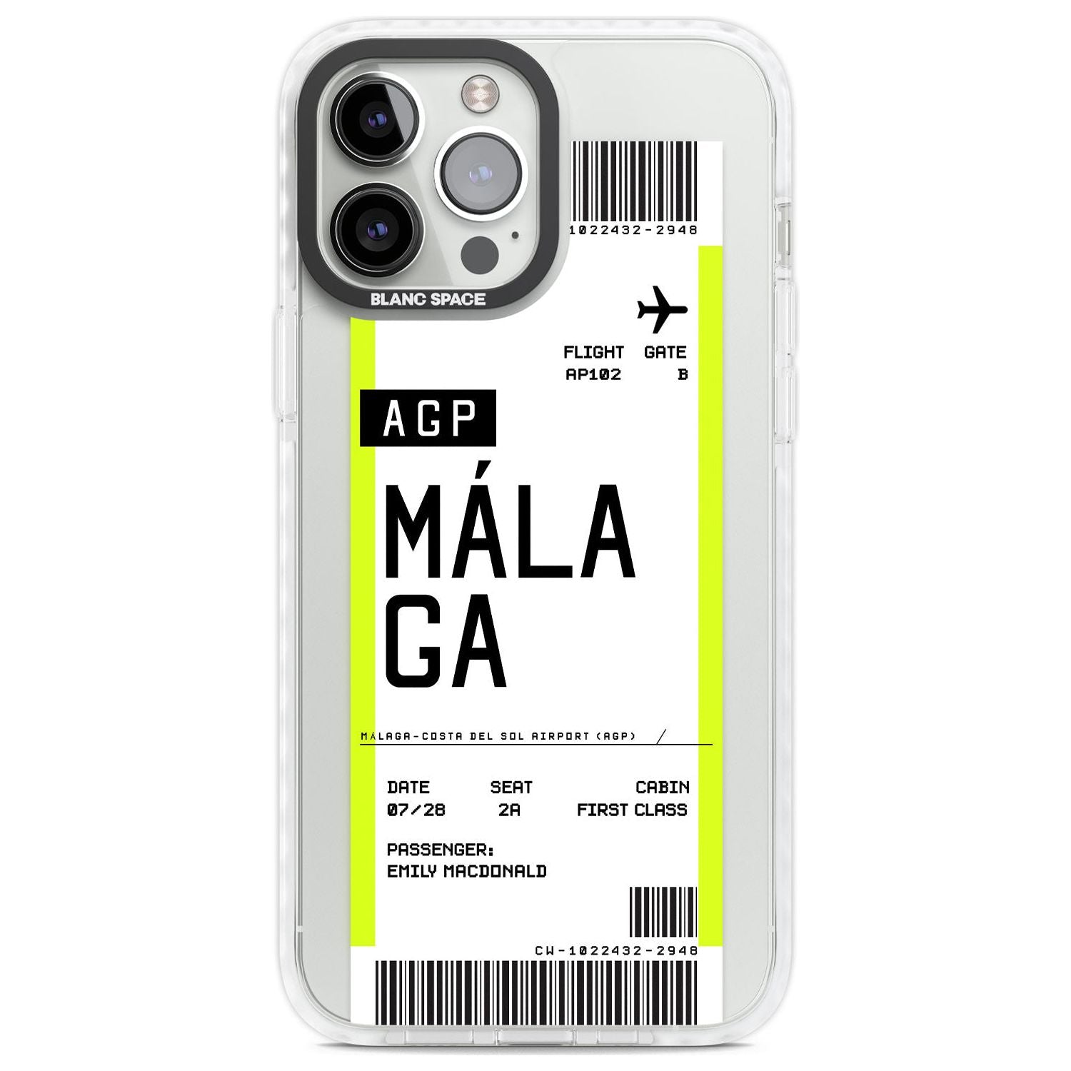 Personalised Málaga Boarding Pass Custom Phone Case iPhone 13 Pro Max / Impact Case,iPhone 14 Pro Max / Impact Case Blanc Space