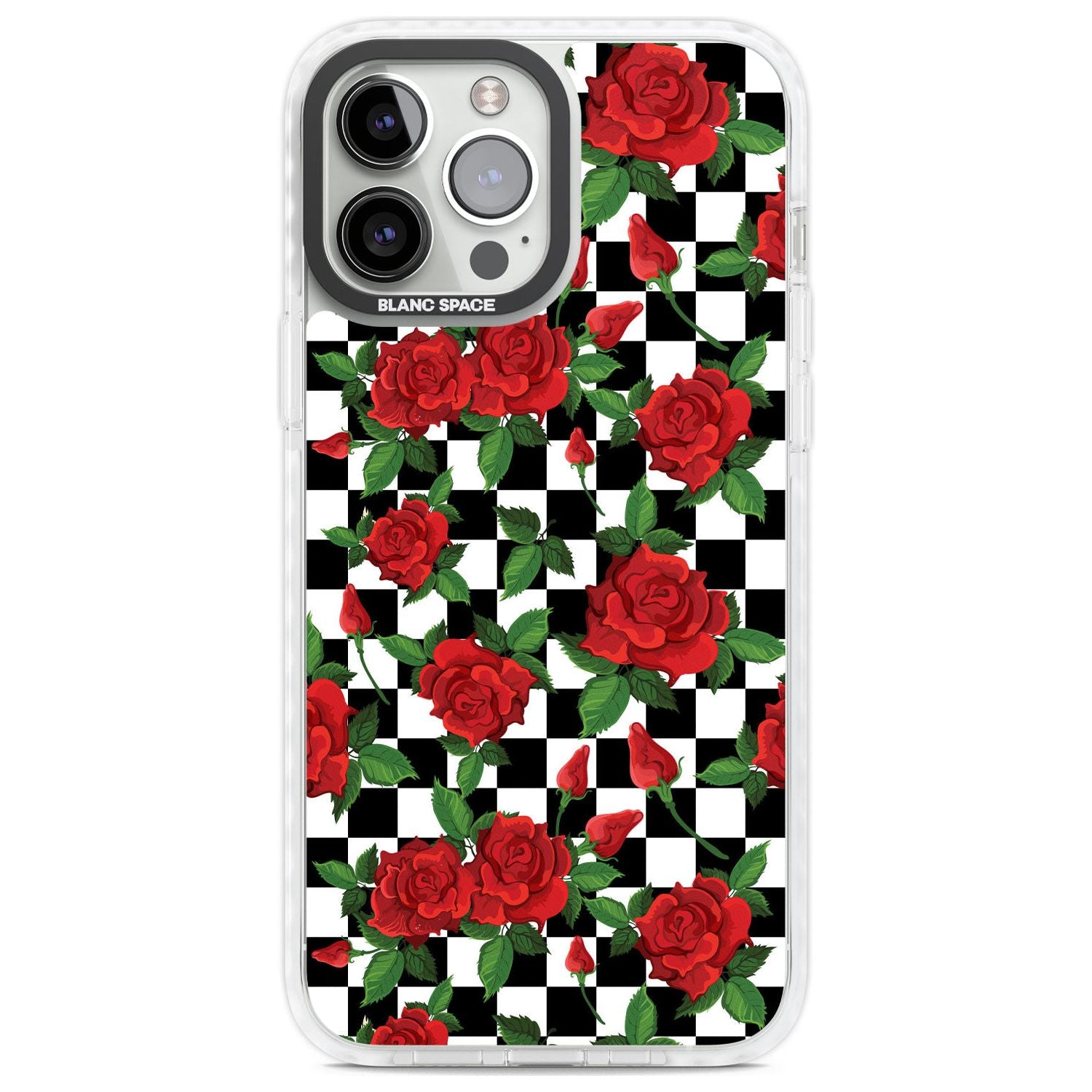 Checkered Pattern & Red Roses Phone Case iPhone 13 Pro Max / Impact Case,iPhone 14 Pro Max / Impact Case Blanc Space