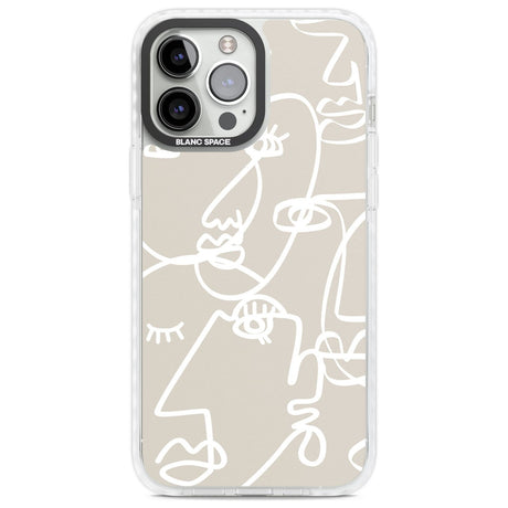 Abstract Continuous Line Faces White on Beige Phone Case iPhone 13 Pro Max / Impact Case,iPhone 14 Pro Max / Impact Case Blanc Space