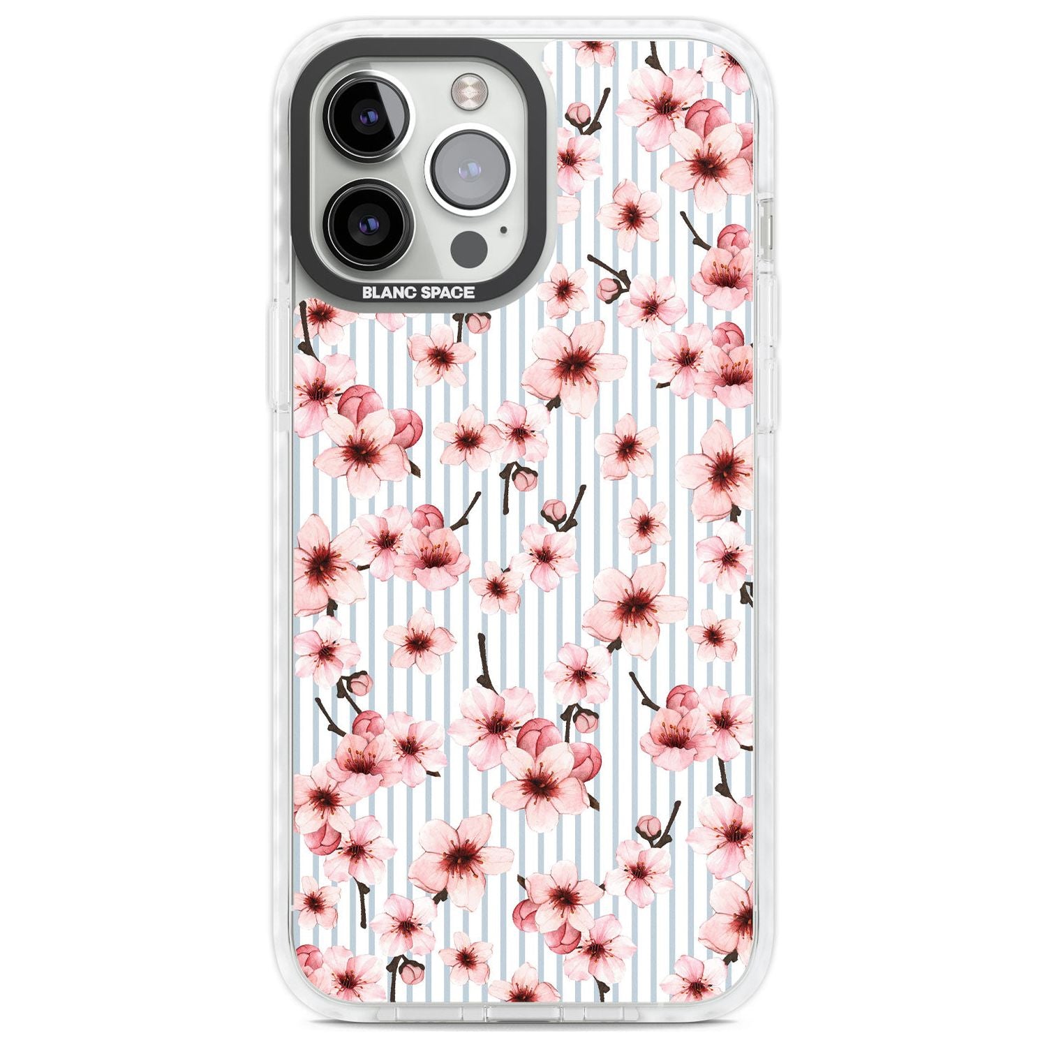 Cherry Blossoms on Blue Stripes Pattern Phone Case iPhone 13 Pro Max / Impact Case,iPhone 14 Pro Max / Impact Case Blanc Space