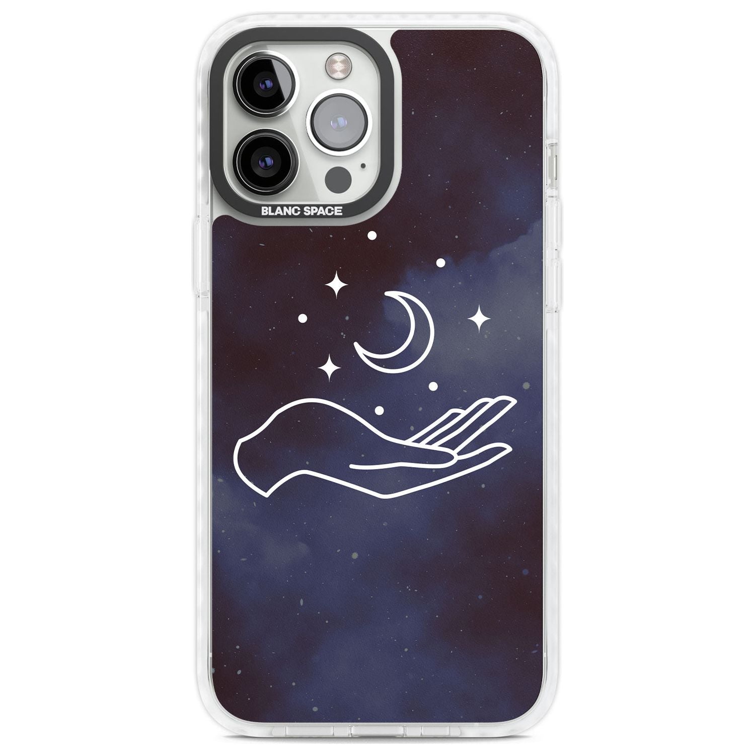Floating Moon Above Hand Phone Case iPhone 13 Pro Max / Impact Case,iPhone 14 Pro Max / Impact Case Blanc Space