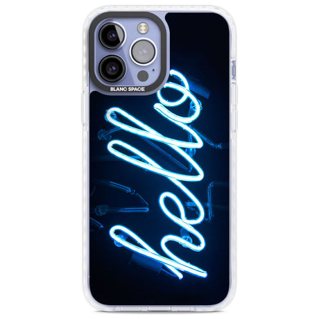 "Hello" Blue Cursive Neon Sign Phone Case iPhone 13 Pro Max / Impact Case,iPhone 14 Pro Max / Impact Case Blanc Space