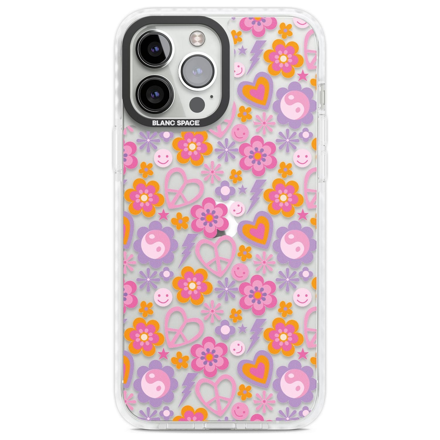 Peace, Love and Flowers Pattern Phone Case iPhone 13 Pro Max / Impact Case,iPhone 14 Pro Max / Impact Case Blanc Space