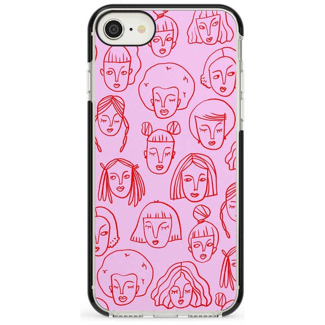 Girl Portrait Doodles in Pink & Red Black Impact Phone Case for iPhone SE 8 7 Plus