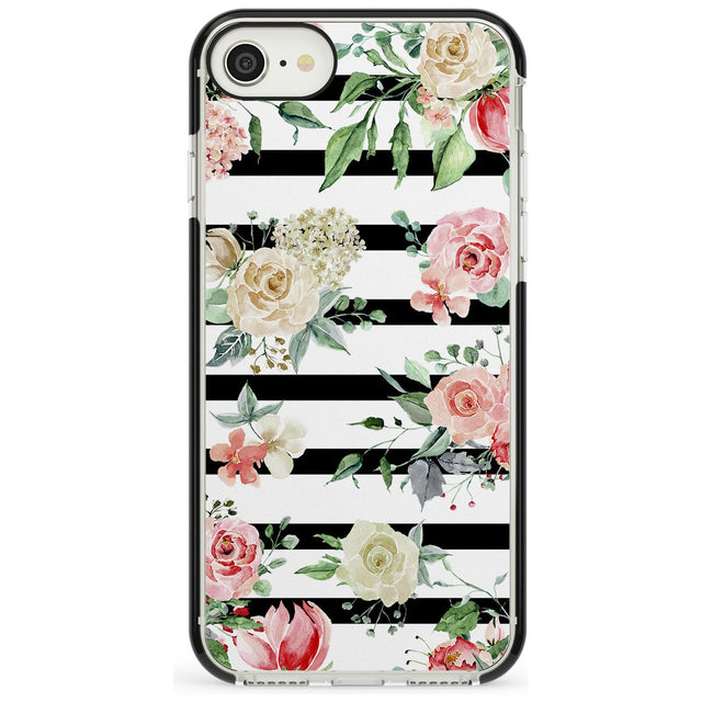 Bold Stripes & Flower Pattern Black Impact Phone Case for iPhone SE 8 7 Plus
