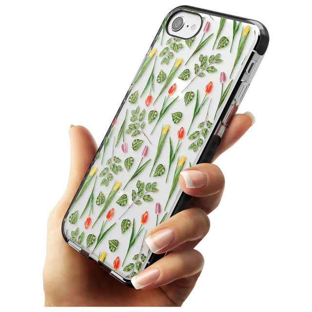 Spring Tulips Transparent Floral Black Impact Phone Case for iPhone SE 8 7 Plus