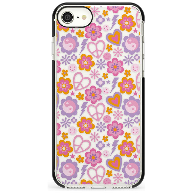 Peace, Love and Flowers Pattern Black Impact Phone Case for iPhone SE 8 7 Plus