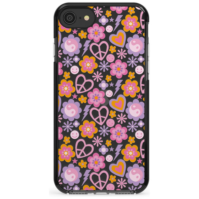 Peace, Love and Flowers Pattern Black Impact Phone Case for iPhone SE 8 7 Plus