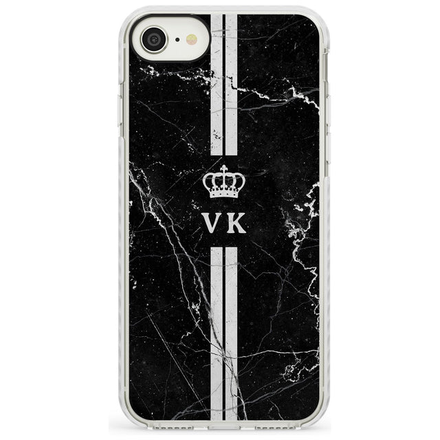 Stripes + Initials with Crown on Black Marble Impact Phone Case for iPhone SE 8 7 Plus