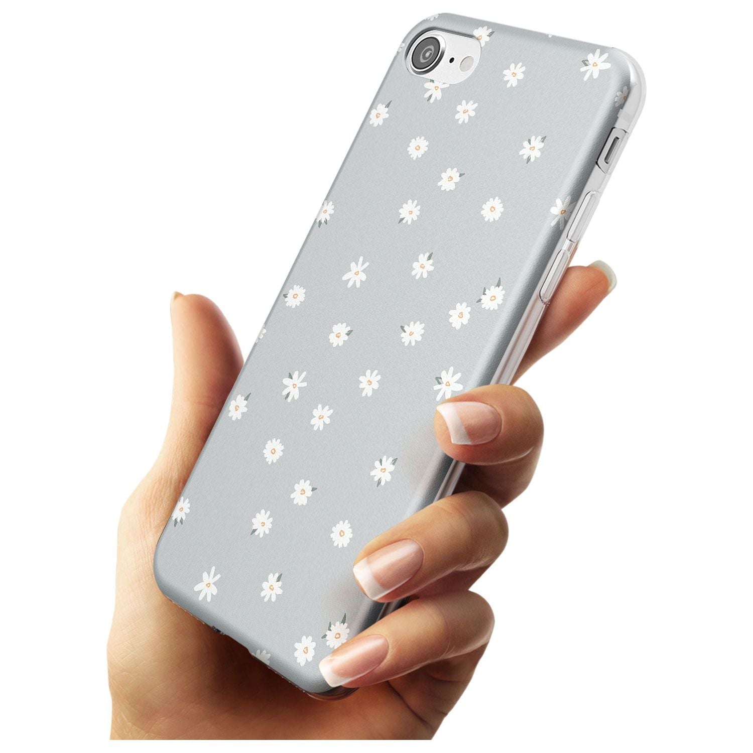 Painted Daises - Blue-Grey Cute Floral Design Black Impact Phone Case for iPhone SE 8 7 Plus