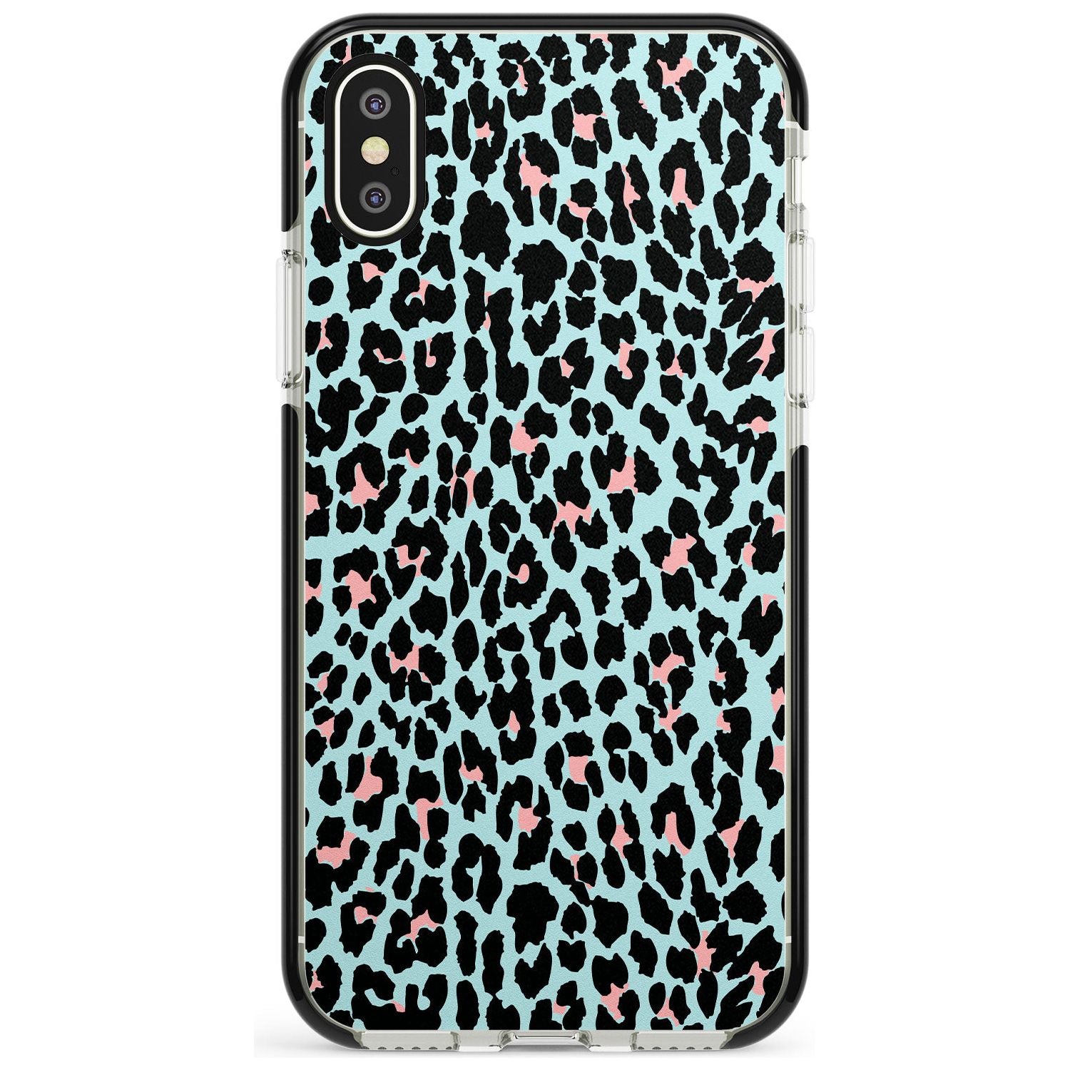 Light Pink on Blue Leopard Print Pattern Black Impact Phone Case for iPhone X XS Max XR