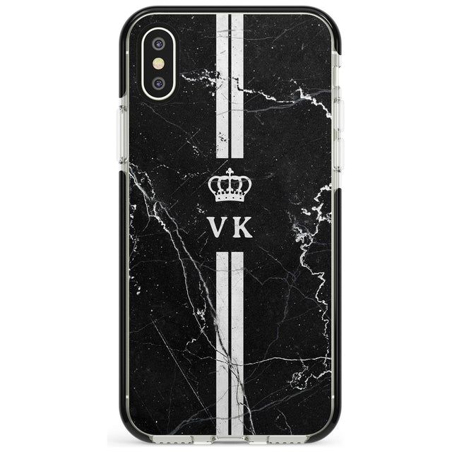 Stripes + Initials with Crown on Black Marble Black Impact Phone Case for iPhone X XS Max XR