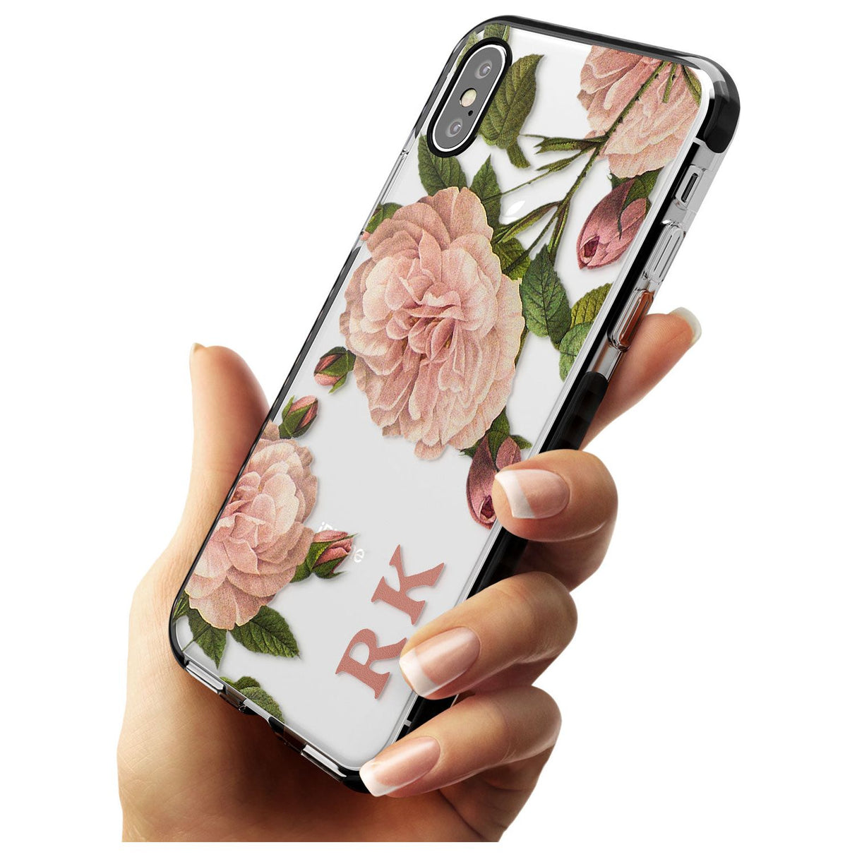 Custom Clear Vintage Floral Pale Pink Peonies Black Impact Phone Case for iPhone X XS Max XR