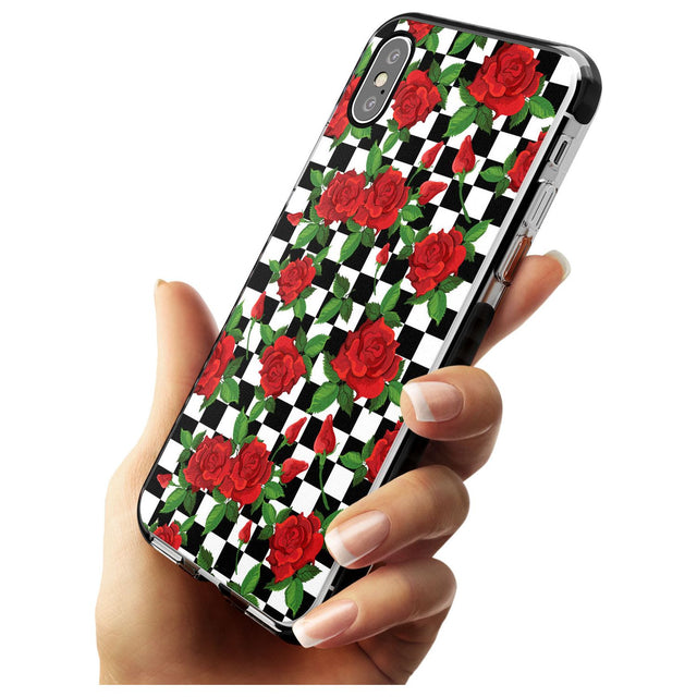 Checkered Pattern & Red Roses Black Impact Phone Case for iPhone X XS Max XR