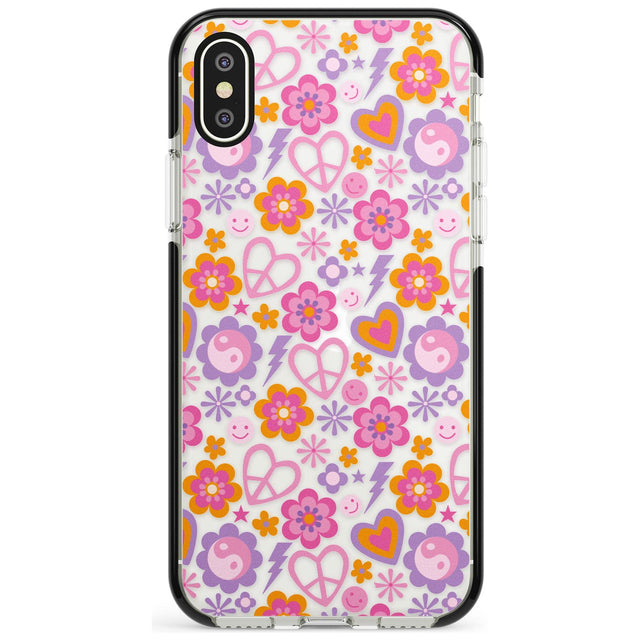 Peace, Love and Flowers Pattern Black Impact Phone Case for iPhone X XS Max XR