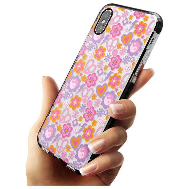 Peace, Love and Flowers Pattern Black Impact Phone Case for iPhone X XS Max XR