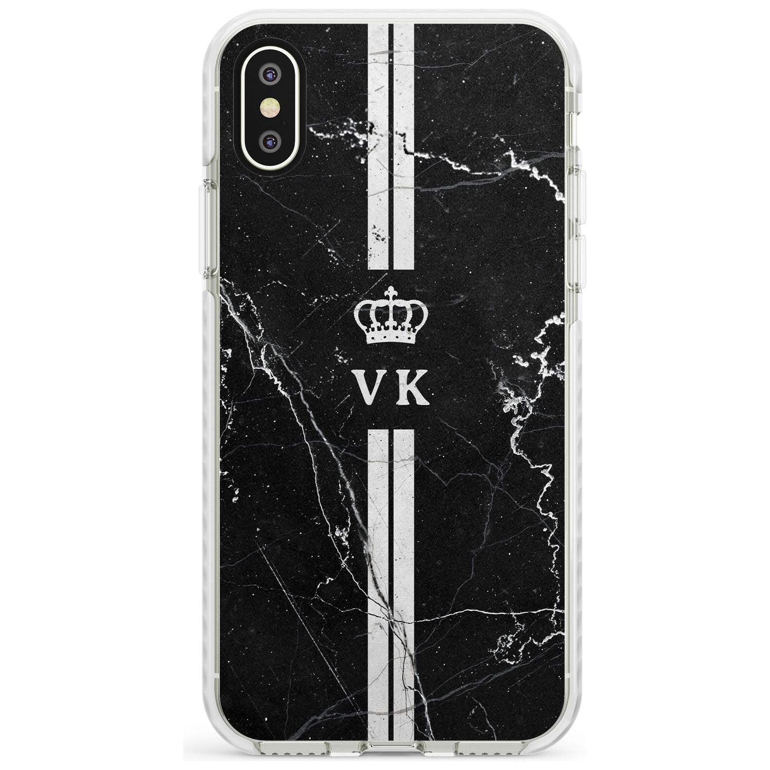 Stripes + Initials with Crown on Black Marble Impact Phone Case for iPhone X XS Max XR